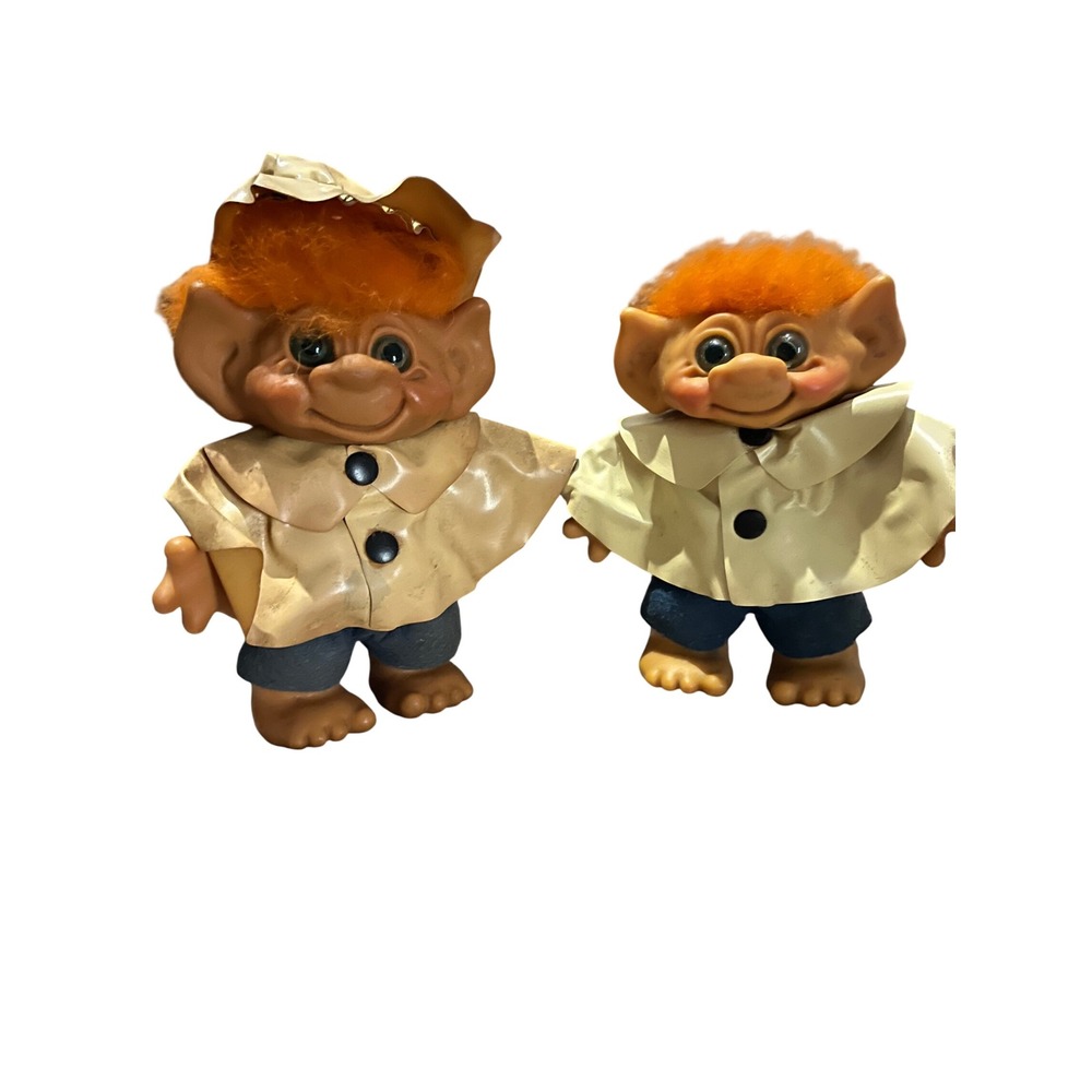 Vintage Dam Troll Doll Bank Set Orange Hair Glass Eyes Danish Vinyl Figures